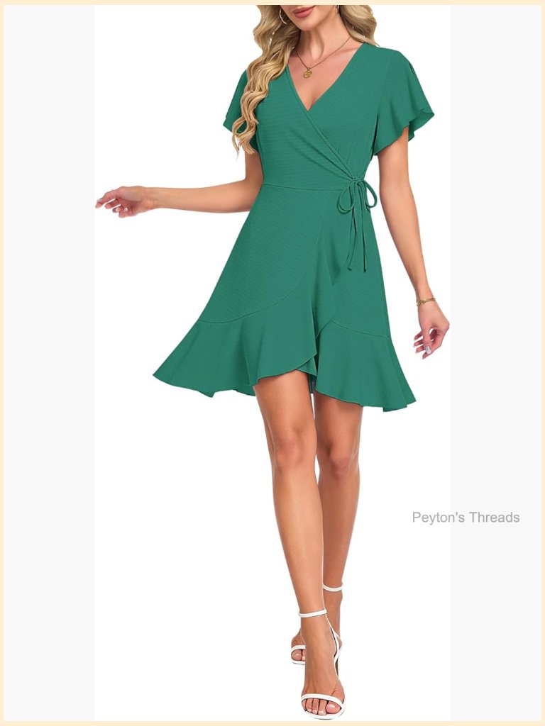 Flutter Sleeve Wrap Dress Mini Short V Neck Flowy Ruffle Casual Sundress